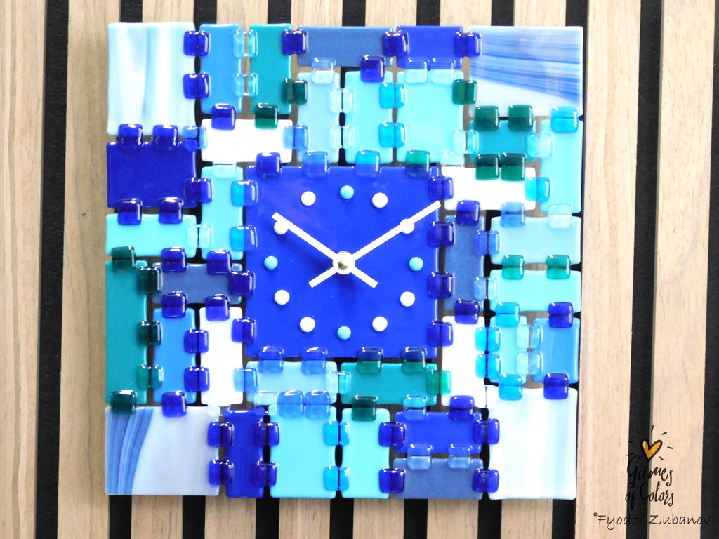 Fused Glass Square Wall Clock - Modern Silent Clock, Blue