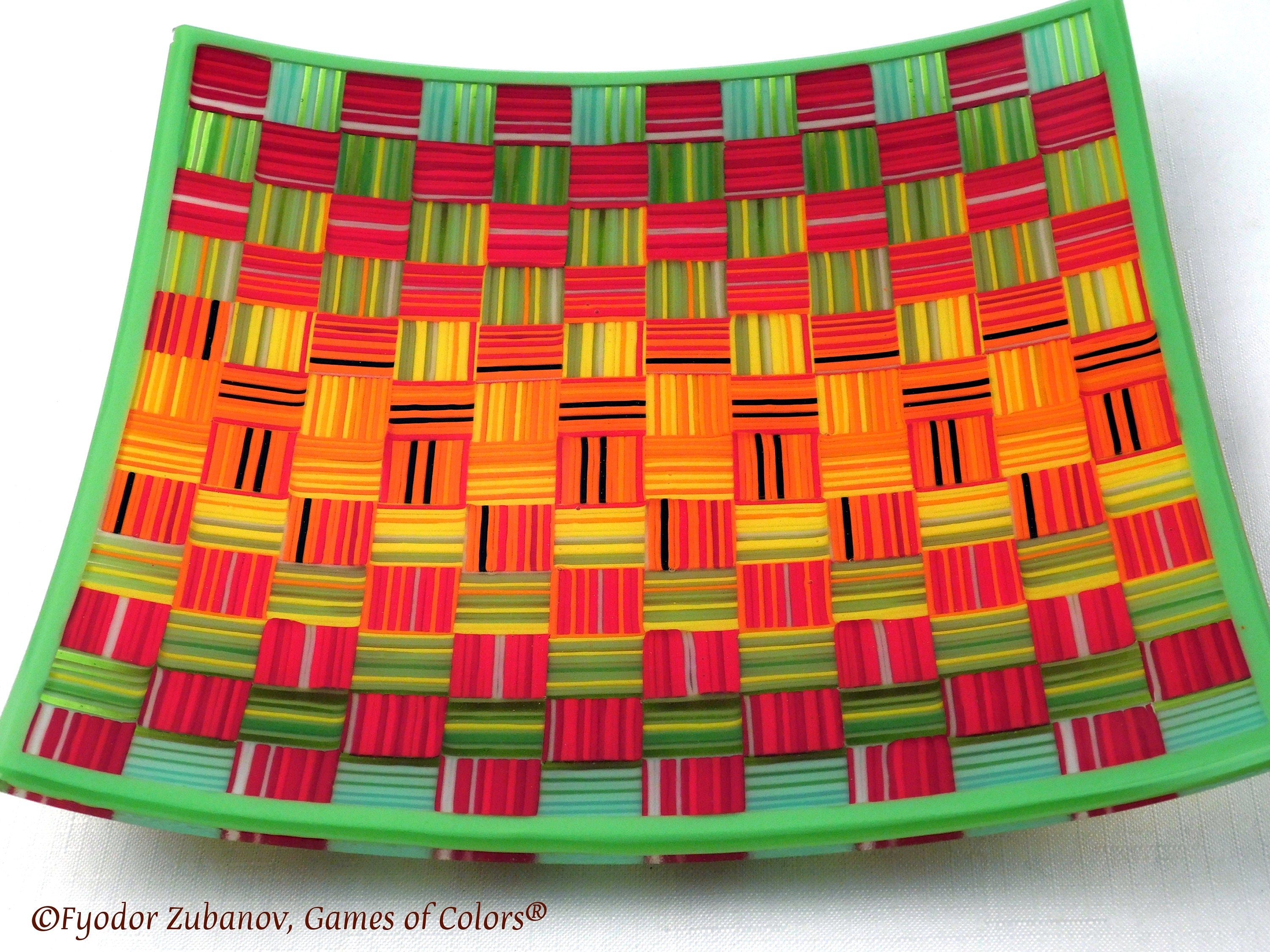 Fused Glass Plate: Striped Checkers Design, Art Glass Centerpiece