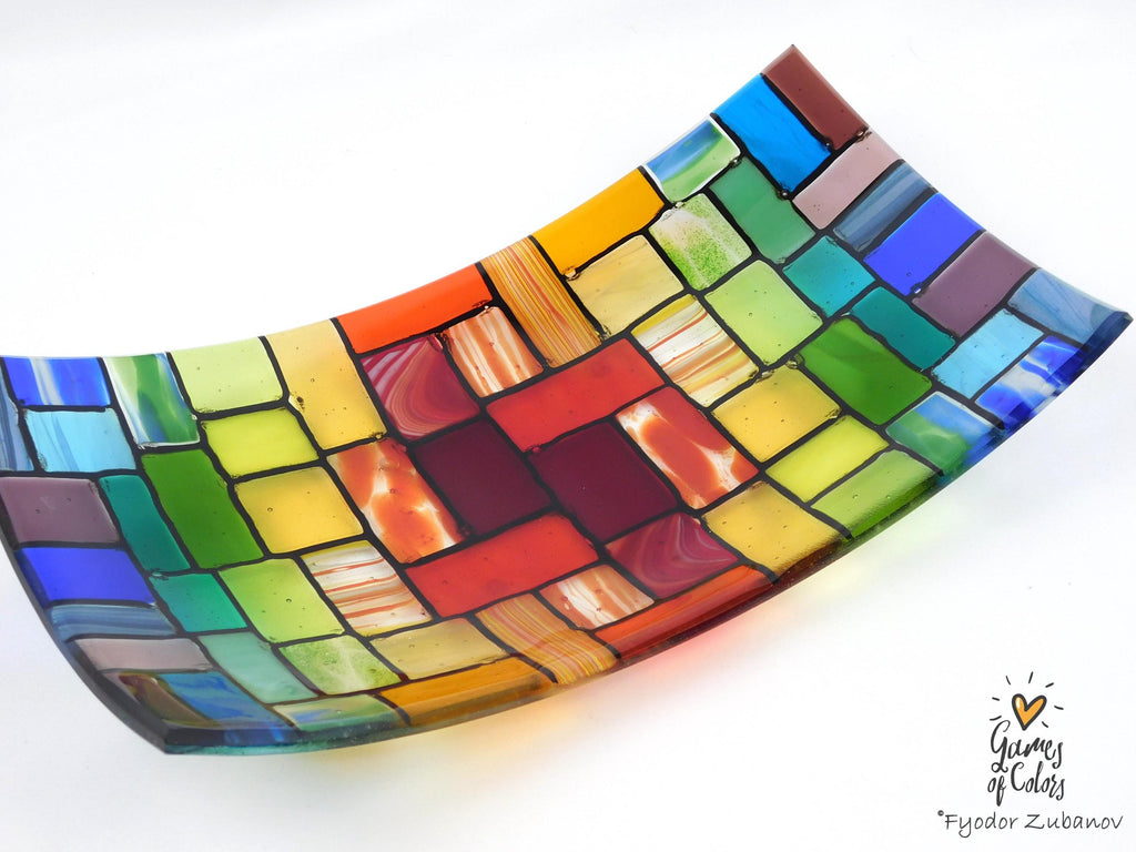 Fused Glass Plate "Rainbow Rocky Road"; Bowl for fruits; Rectangular Centerpiece Bowl, Handmade