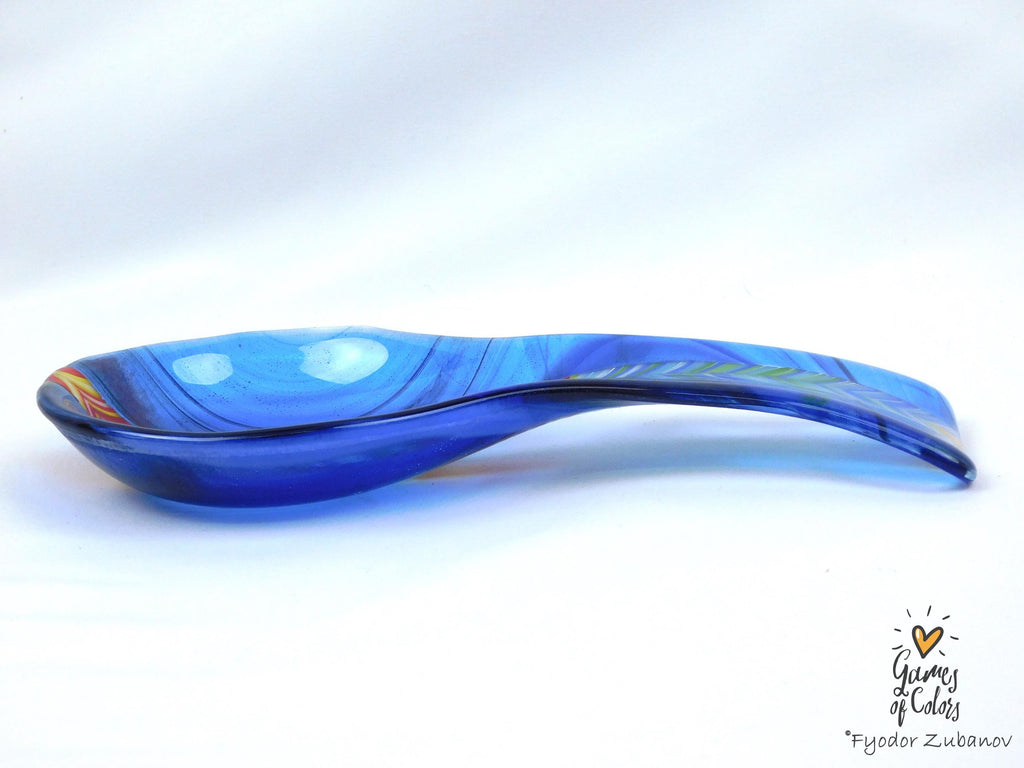 Azure Prizm Ribbon – Fused Glass Spoon Rest, Transparent Blue Kitchen Art