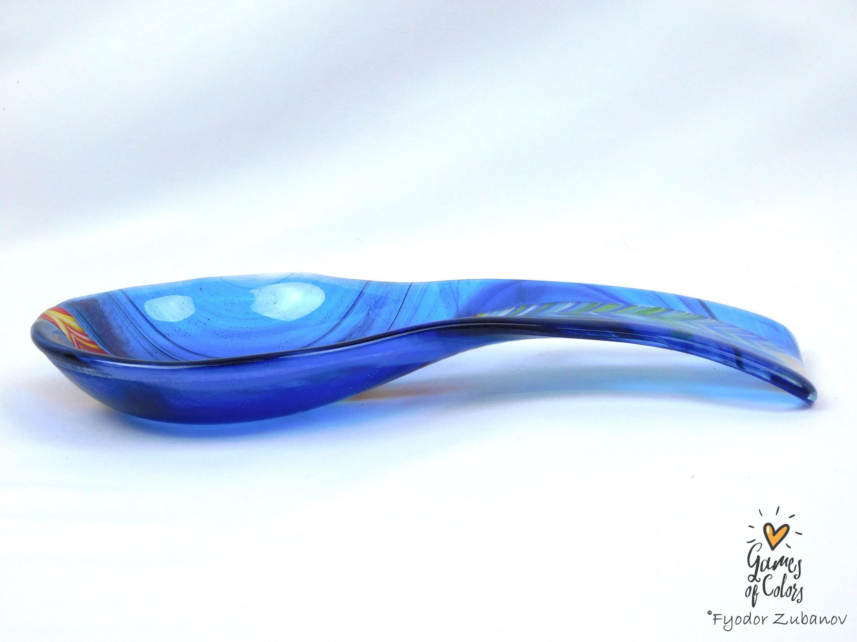 Azure Prizm Ribbon – Fused Glass Spoon Rest, Transparent Blue Kitchen Art