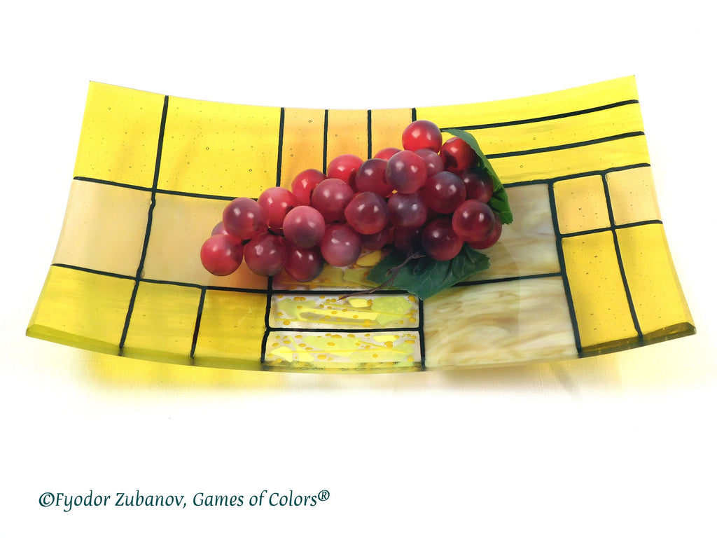 A rectangular fused glass plate "A Gentle color mix - Yellows"; Decorative Plate; professional look; food safe; art glass;