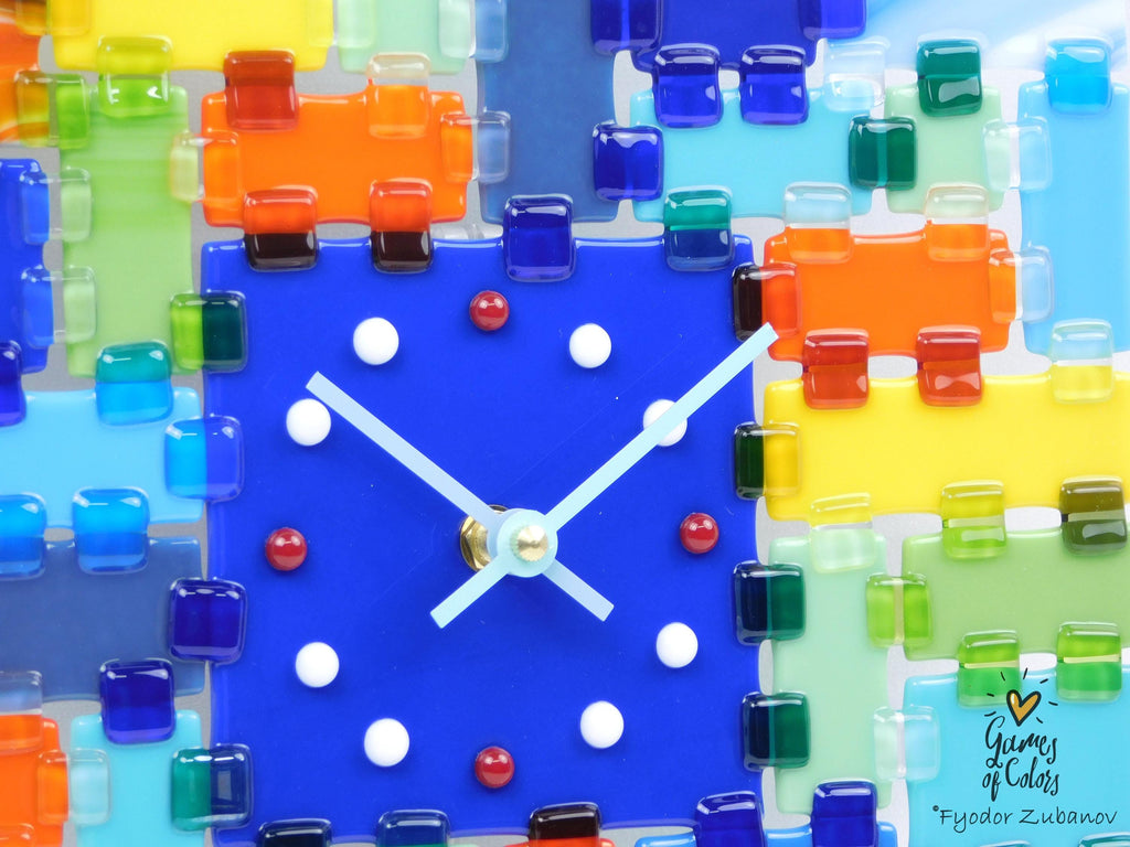 Fused Glass Square Wall Clock - Blue dial, multicolor face