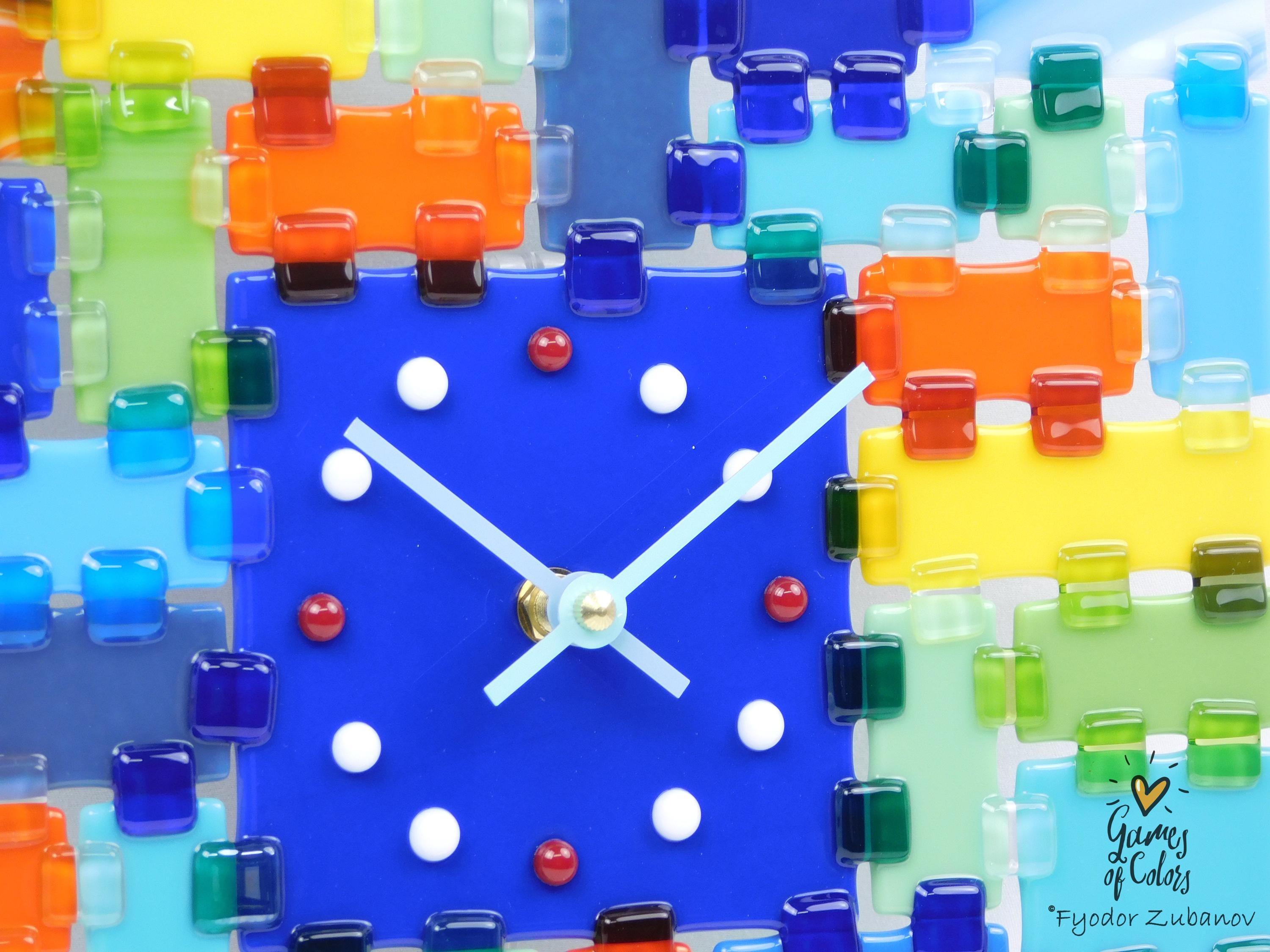 Fused Glass Square Wall Clock - Blue dial, multicolor face