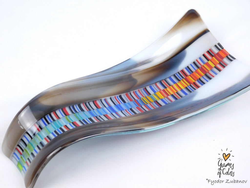 A hand-crafted glass decorative spoon rest "Chromatic current"; fused glass; kitchen accent