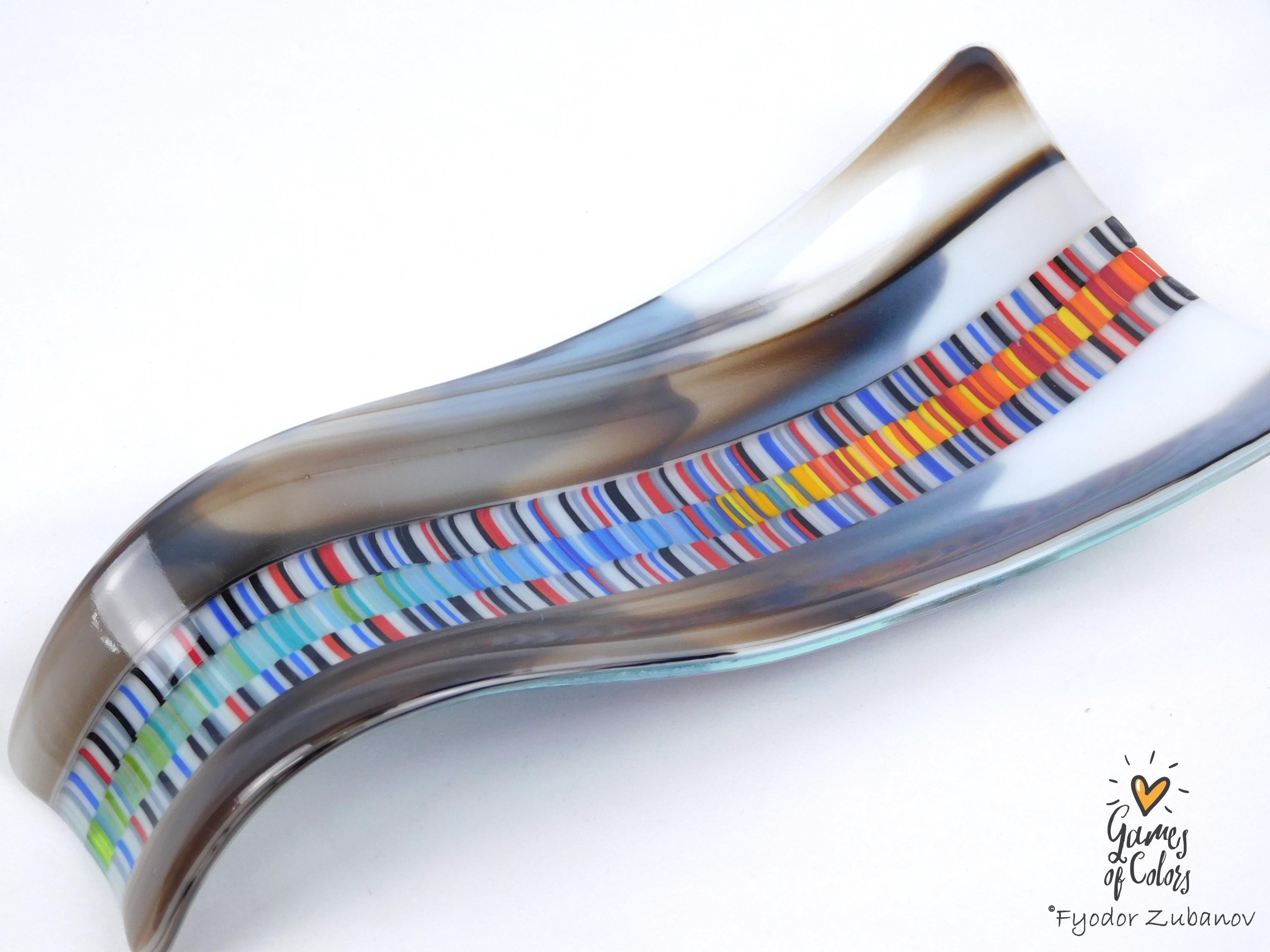 A hand-crafted glass decorative spoon rest "Chromatic current"; fused glass; kitchen accent
