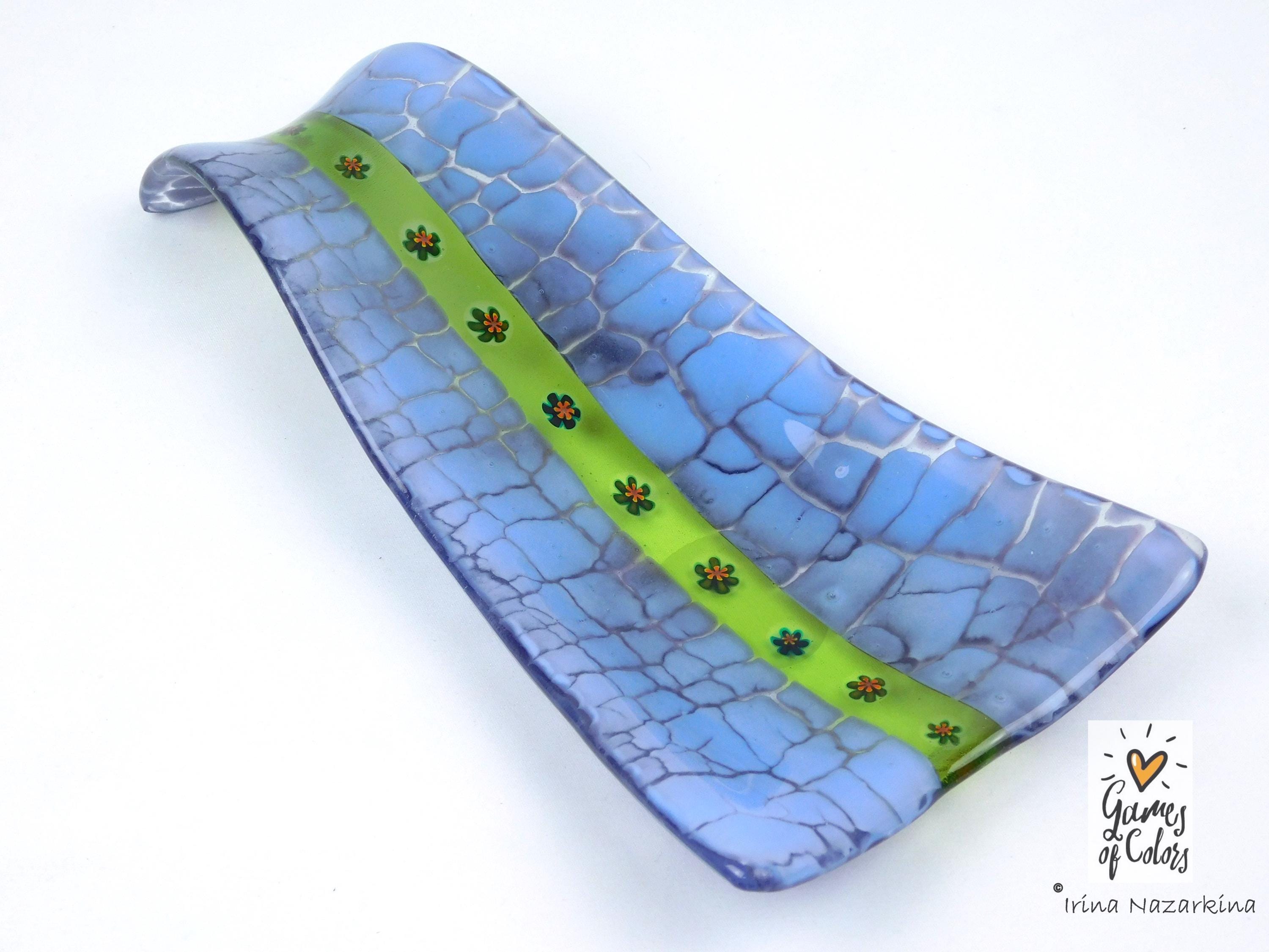 Meadow Ribbon – Fused Glass Spoon Rest / Floral Green Kitchen Art