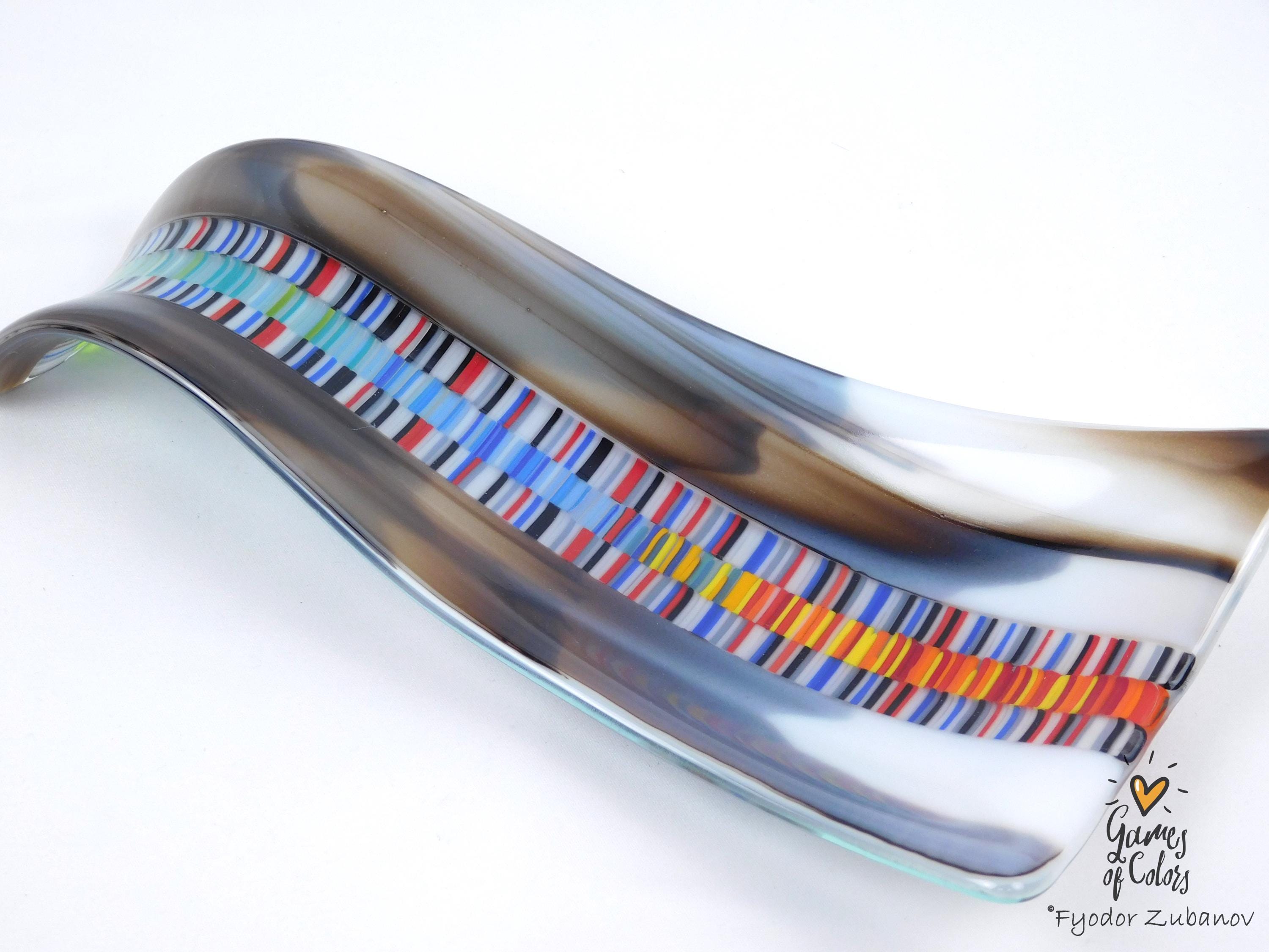 A hand-crafted glass decorative spoon rest "Chromatic current"; fused glass; kitchen accent