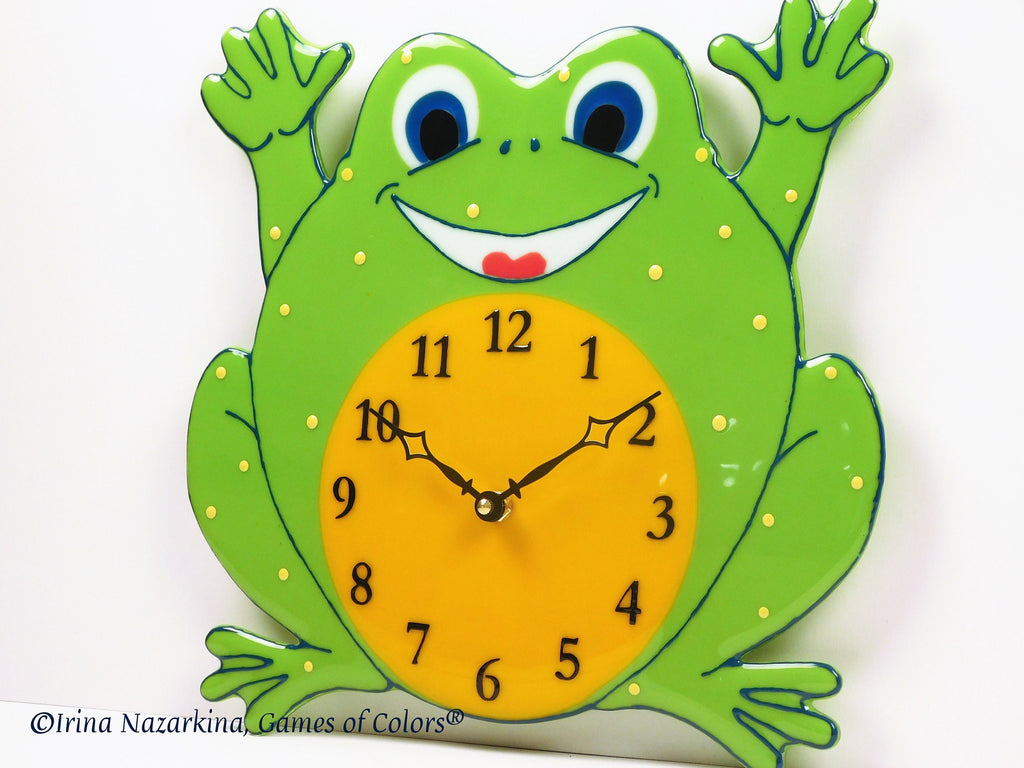 Fused Glass Frog Clock: Kids Room Decor, Battery Powered