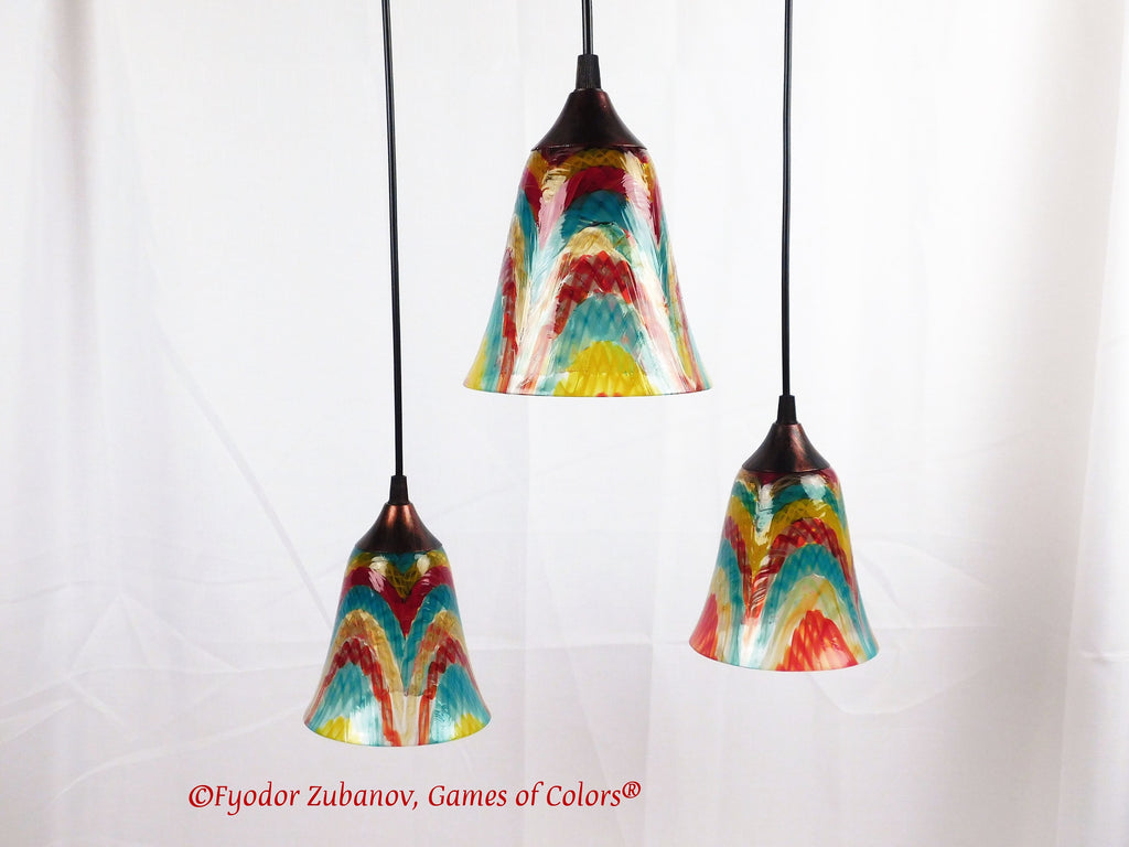 Fused Glass Pendant Light: Colorful Art Glass, Black Cord
