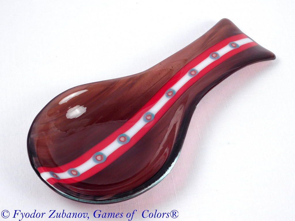 A hand-crafted glass decorative spoon rest "Purple harmony"; fused glass; kitchen accent