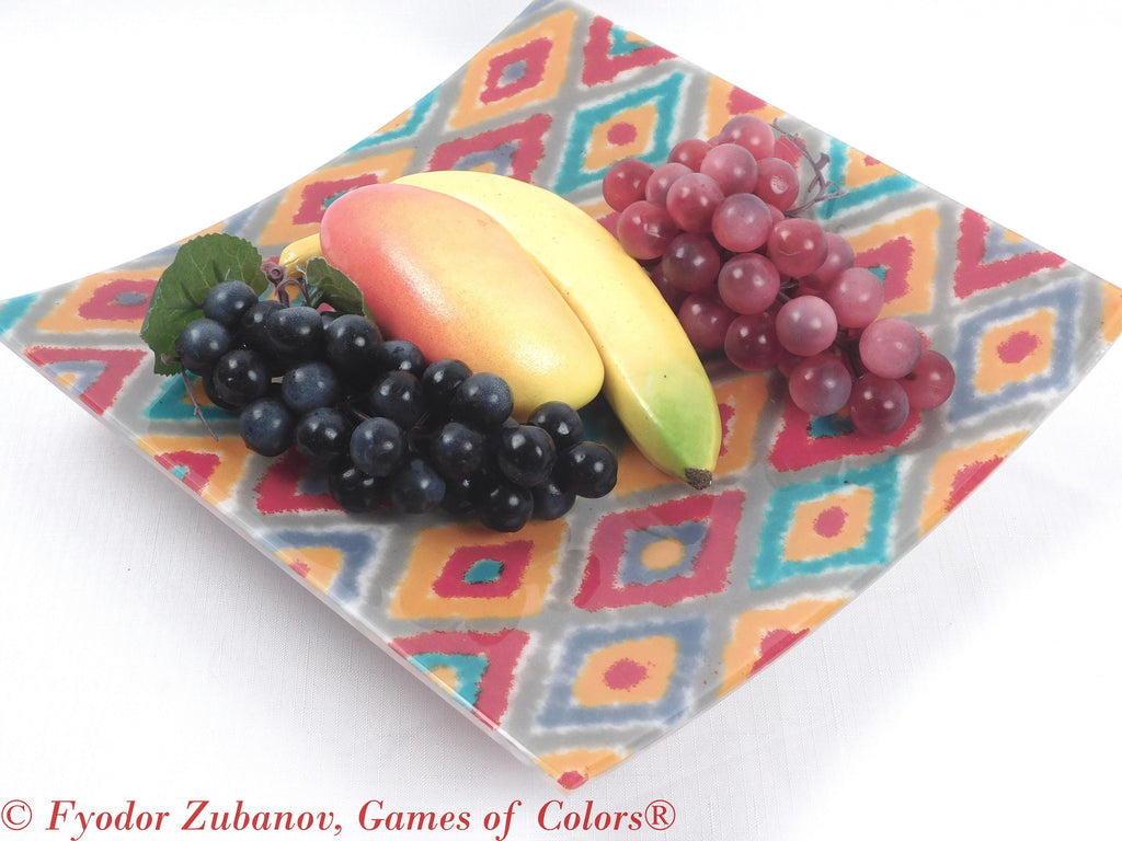 Fused Glass Fruit Bowl: "Oriental Fabric I" Geometric Art Glass