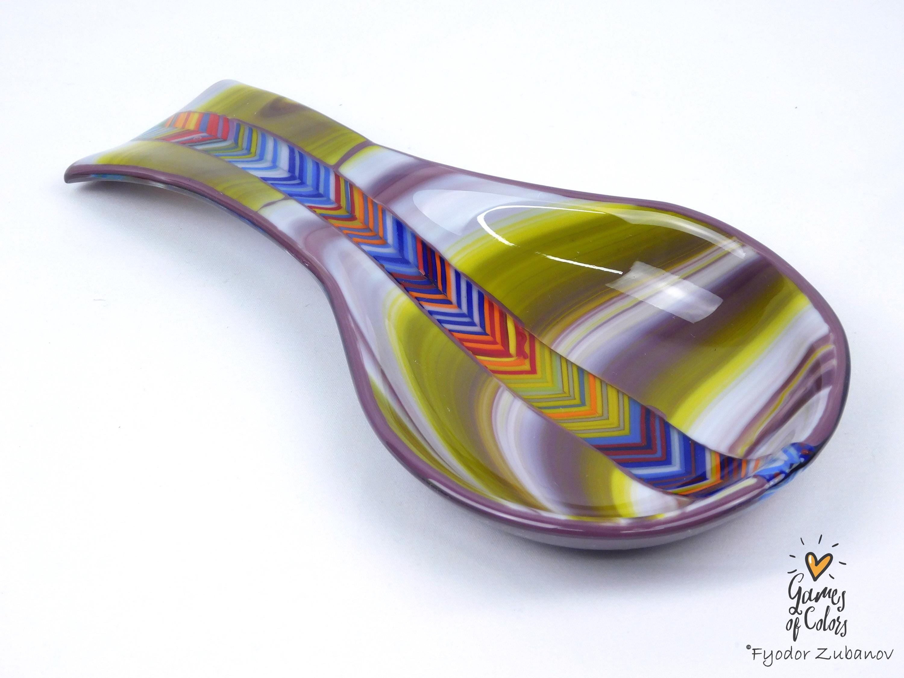 Violet Cascade Spoon Rest – Fused Glass Utensil Holder, Purple Marbled Kitchen Decor, Handmade Colorful Spoon Rest, Functional Art Gift