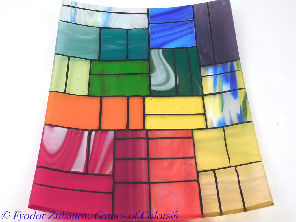 Fused Glass Platter: Rectangular Colorful Centerpiece, Made in USA (11.5 x 16 inches)