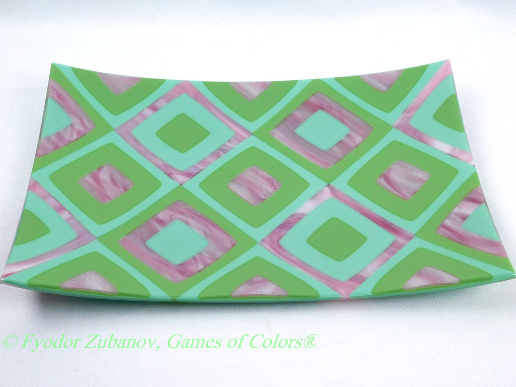 A rectangular fused glass platter "Sakura"; Decorative Plate; Centerpiece; shallow plate