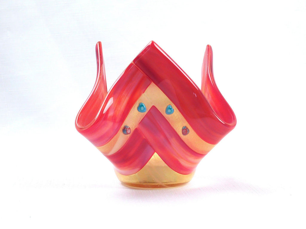 Valentines candle holder Hearts in Amber. Fused glass.