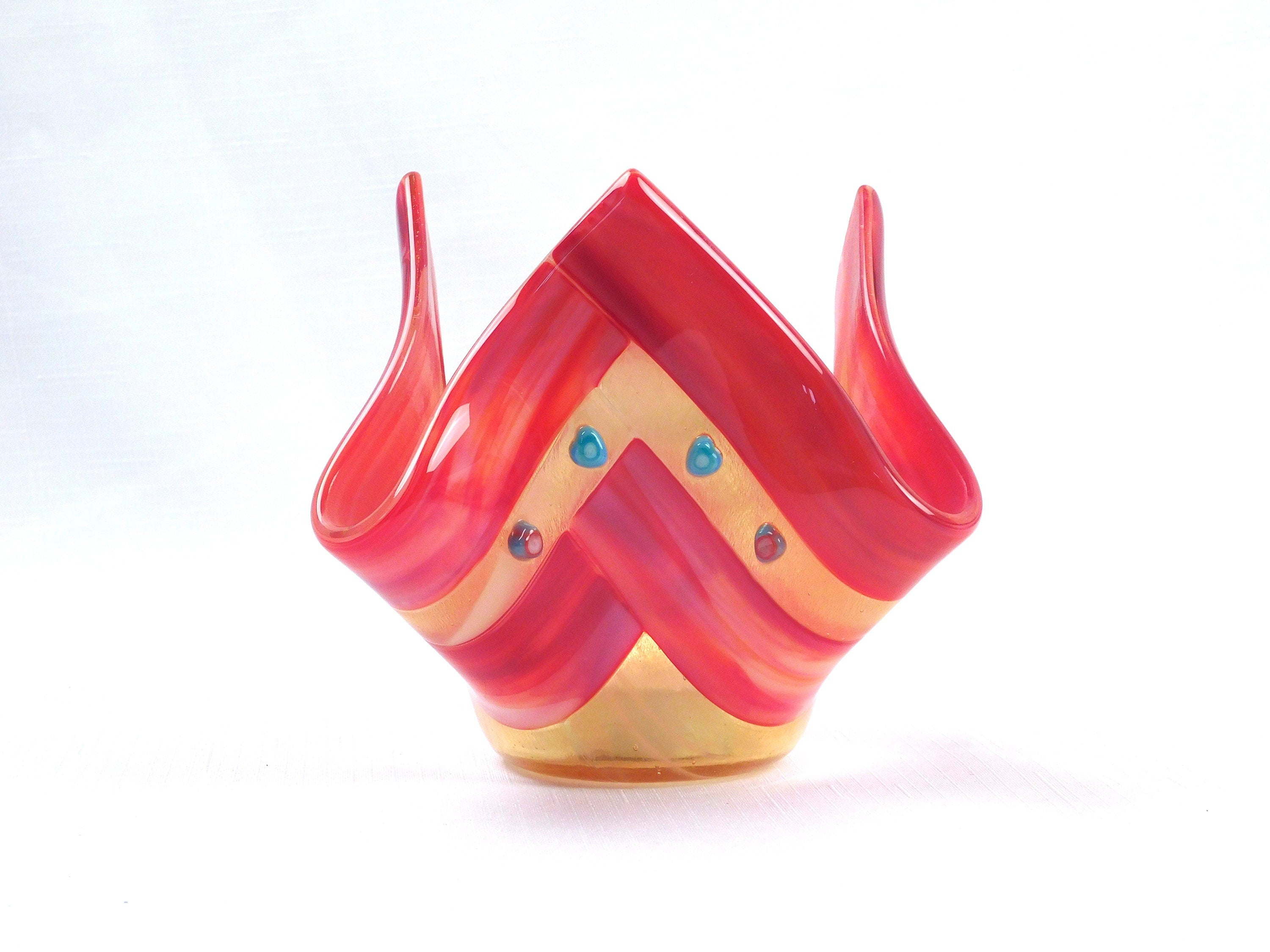 Valentines candle holder Hearts in Amber. Fused glass.