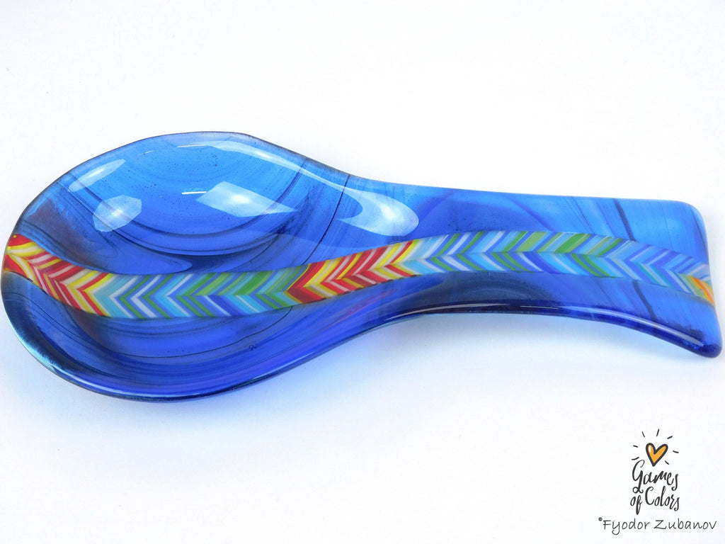 Azure Prizm Ribbon – Fused Glass Spoon Rest, Transparent Blue Kitchen Art
