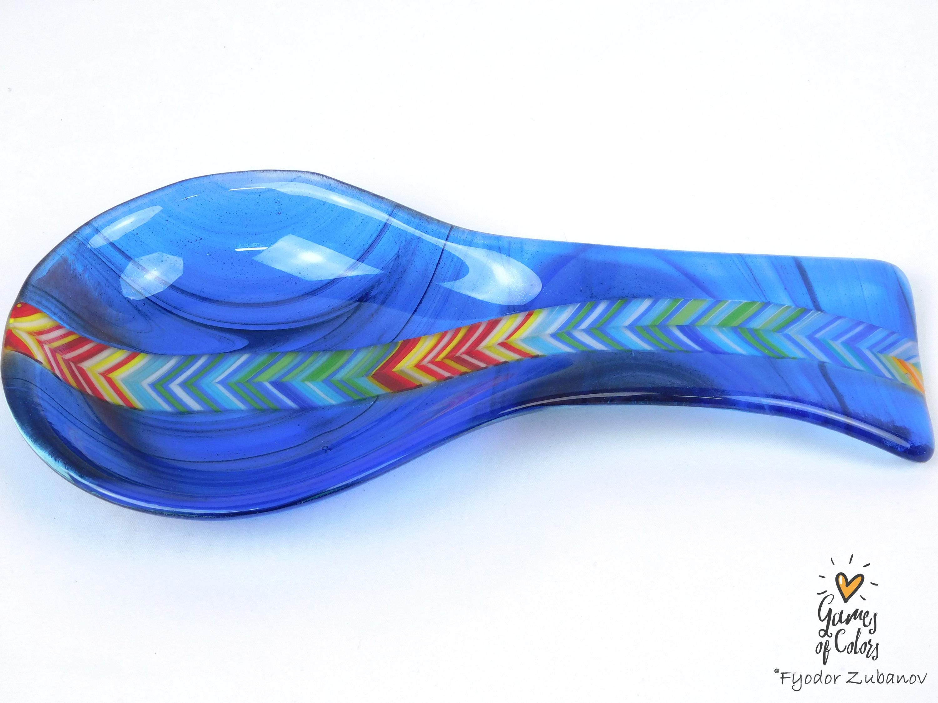 Azure Prizm Ribbon – Fused Glass Spoon Rest, Transparent Blue Kitchen Art