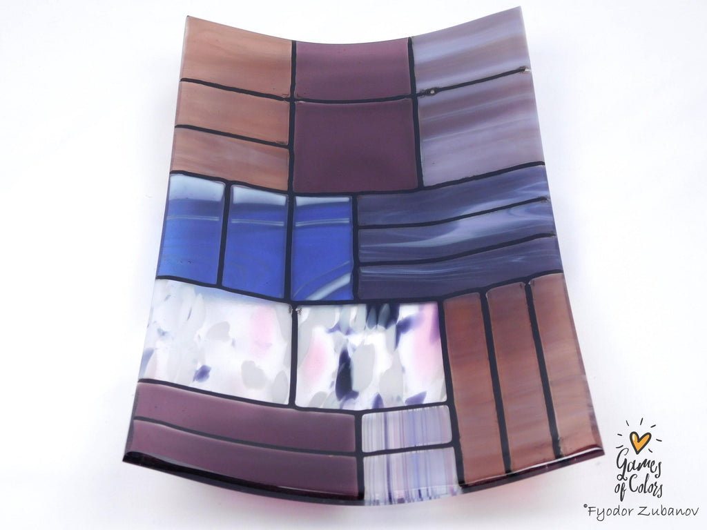 Fused Glass Plate "A Gentle Color Mix - Purples": Geometric Design, Food Safe