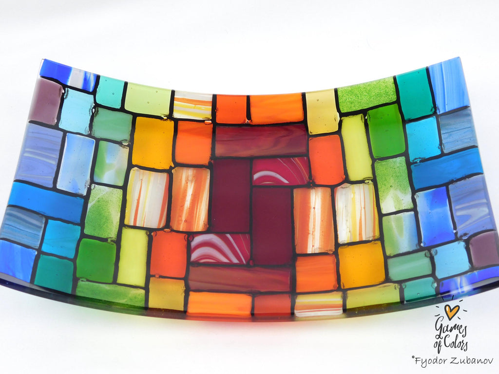 Fused Glass Plate "Rainbow Rocky Road"; Bowl for fruits; Rectangular Centerpiece Bowl, Handmade