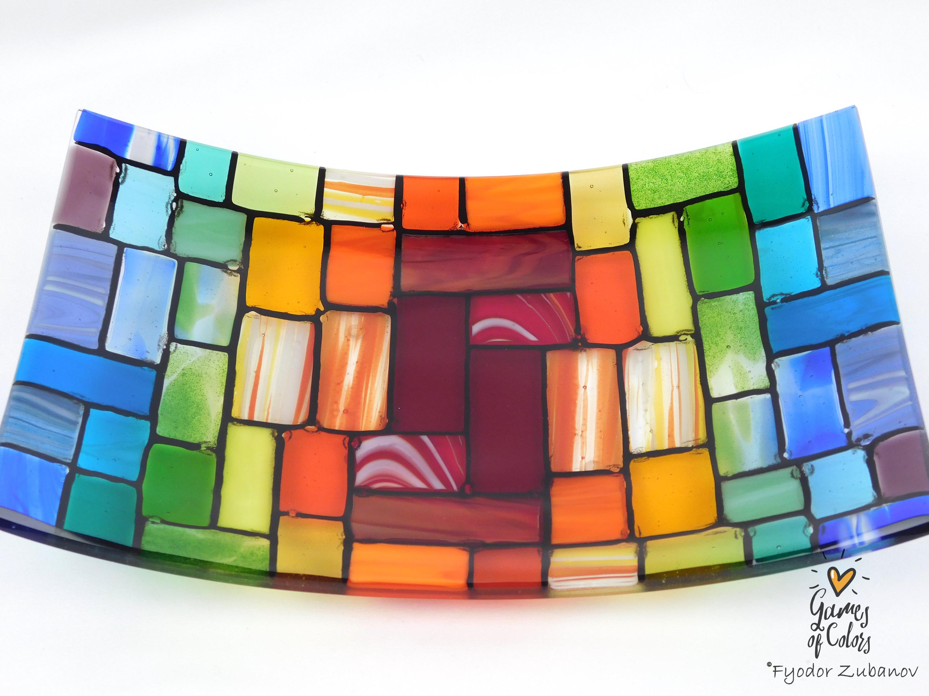 Fused Glass Plate "Rainbow Rocky Road"; Bowl for fruits; Rectangular Centerpiece Bowl, Handmade