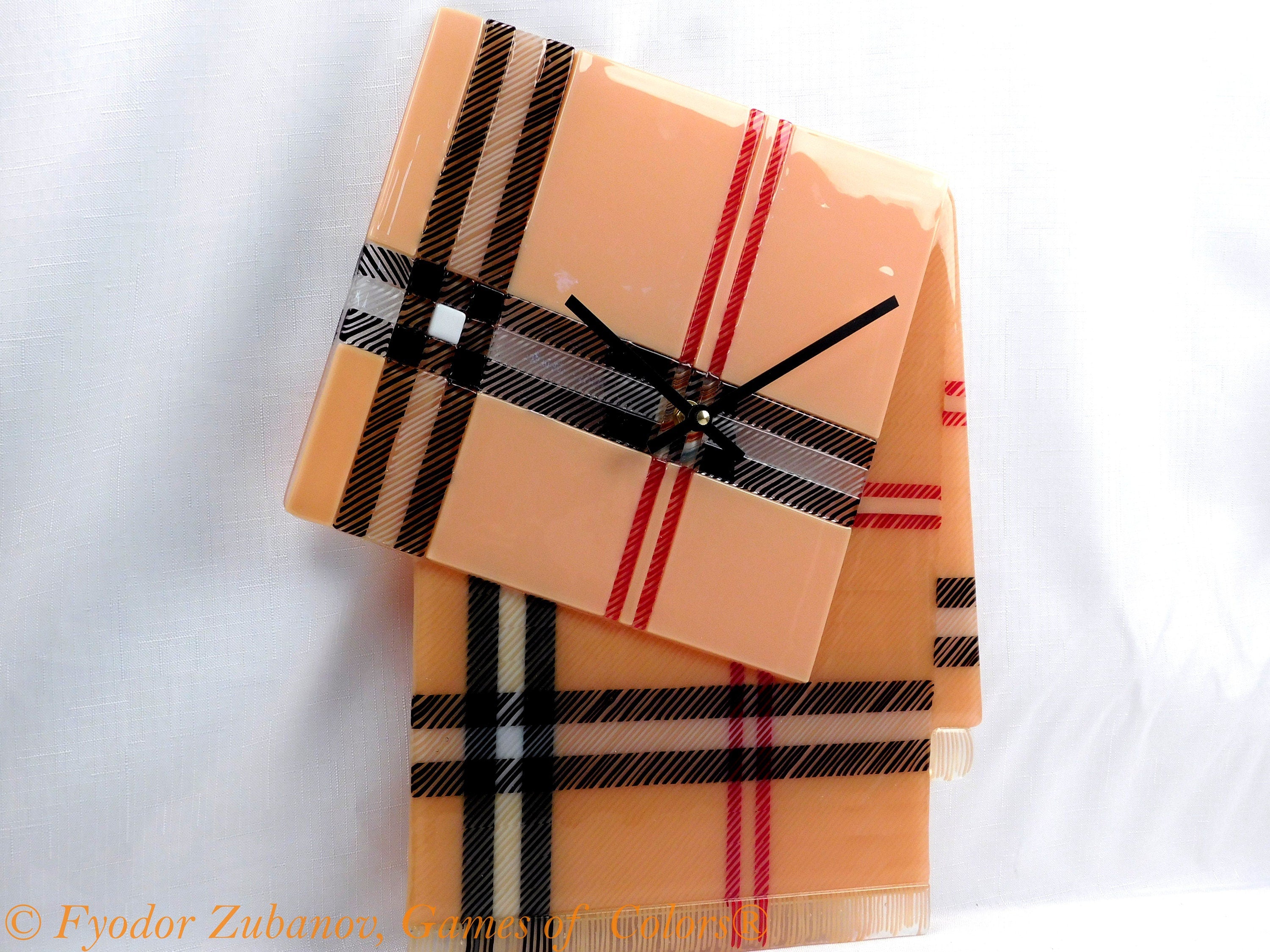A decorative stylish wall clock "Tartan B"; fused glass, battery powered, one-of-a-kind, anniversary present