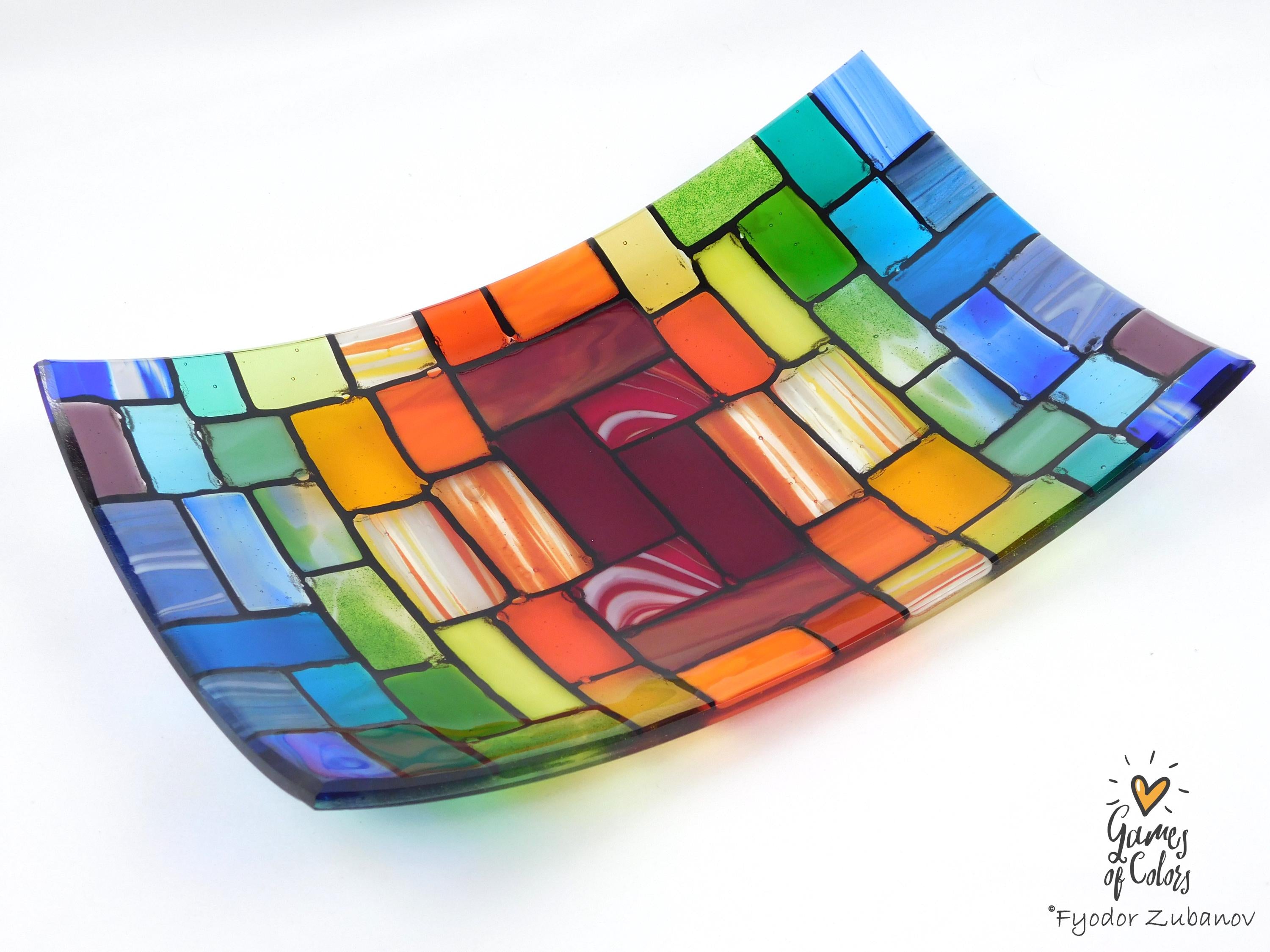 Fused Glass Plate "Rainbow Rocky Road"; Bowl for fruits; Rectangular Centerpiece Bowl, Handmade