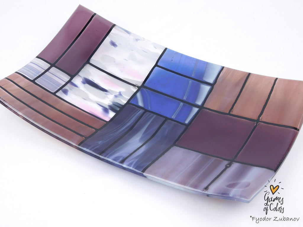 Fused Glass Plate "A Gentle Color Mix - Purples": Geometric Design, Food Safe