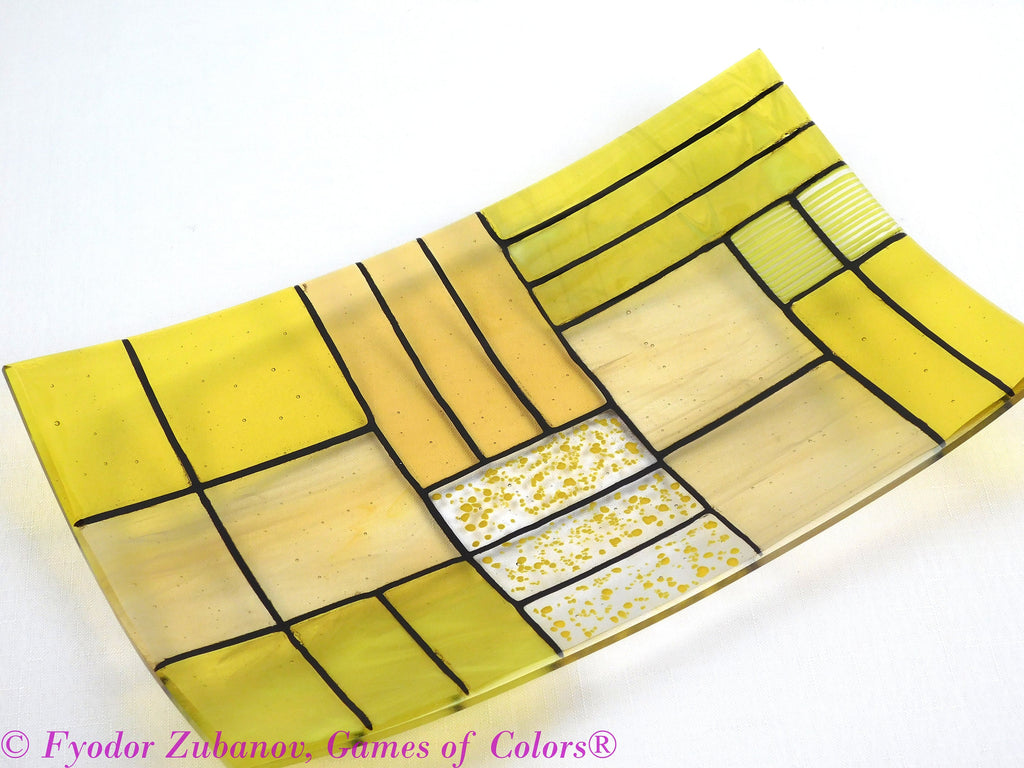 A rectangular fused glass plate "A Gentle color mix - Yellows"; Decorative Plate; professional look; food safe; art glass;