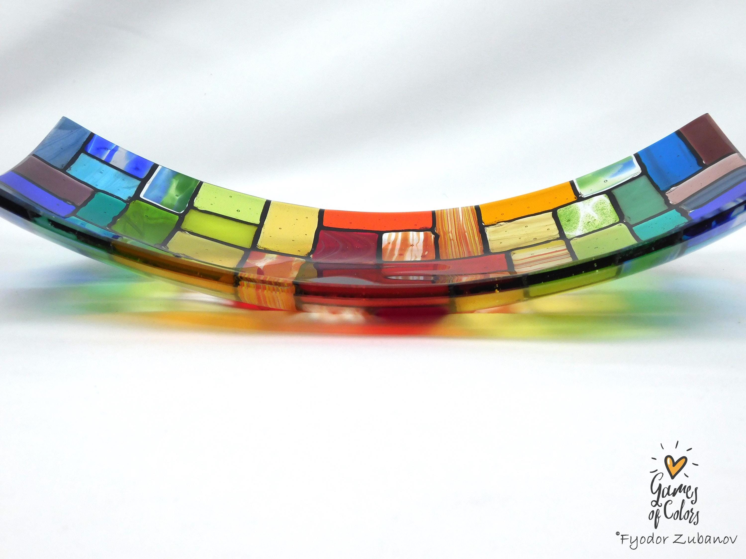 Fused Glass Plate "Rainbow Rocky Road"; Bowl for fruits; Rectangular Centerpiece Bowl, Handmade
