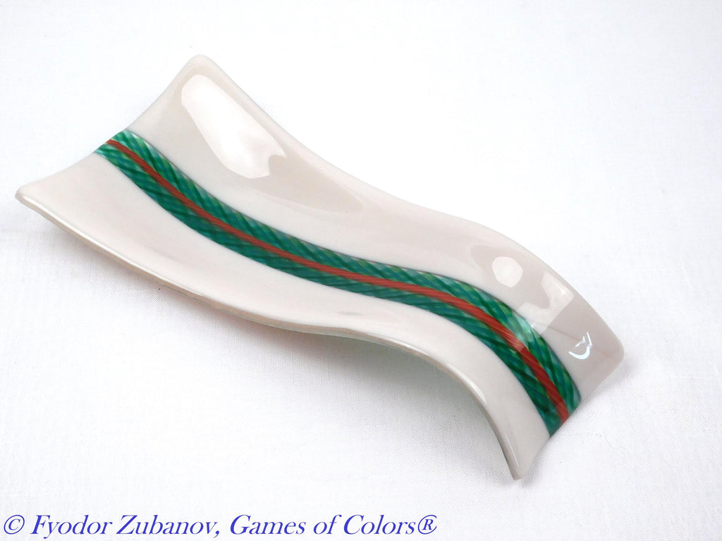 A hand-crafted glass decorative spoon rest "Grean stream"; fused glass; kitchen accent