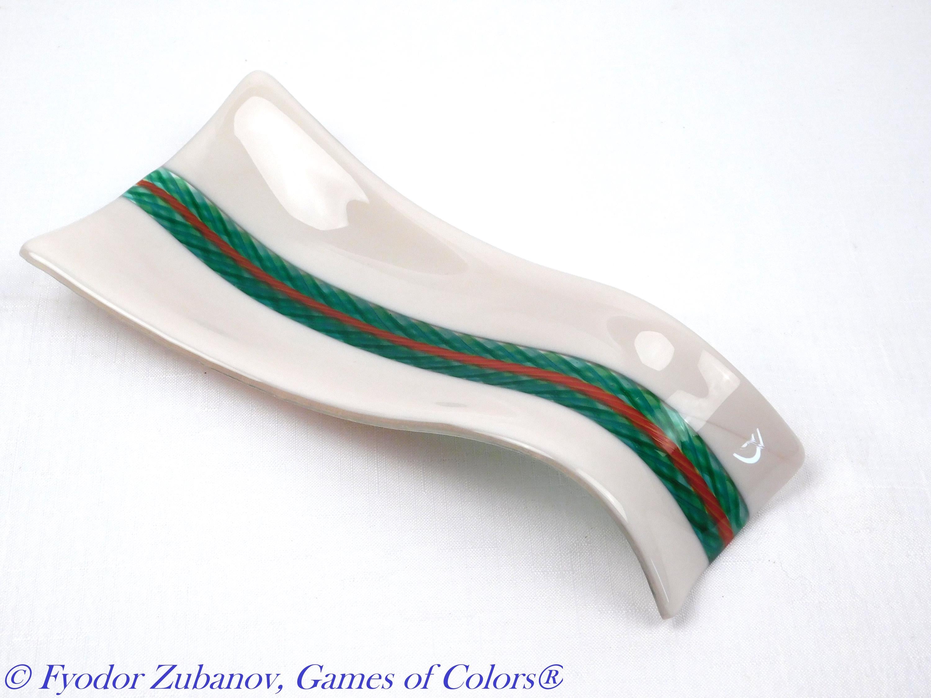 A hand-crafted glass decorative spoon rest "Grean stream"; fused glass; kitchen accent