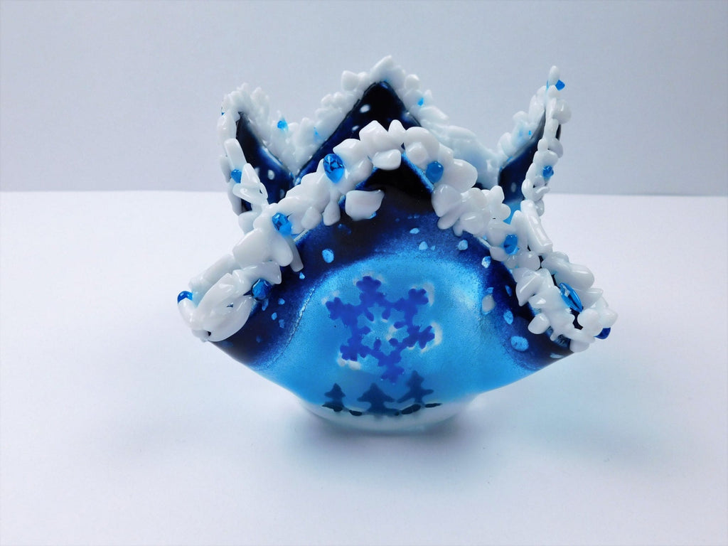 Winter holidays candle holder.  Blue and white fused glass. Original design.
