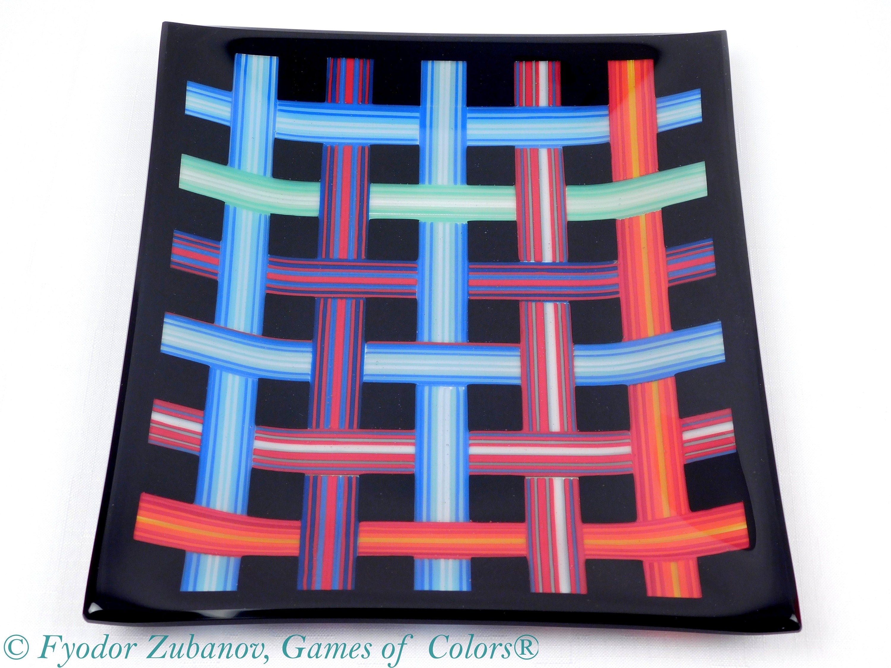 Fused Glass Plate: Woven Ribbon Design, Black Decorative Tray (10.5 x 9 in)