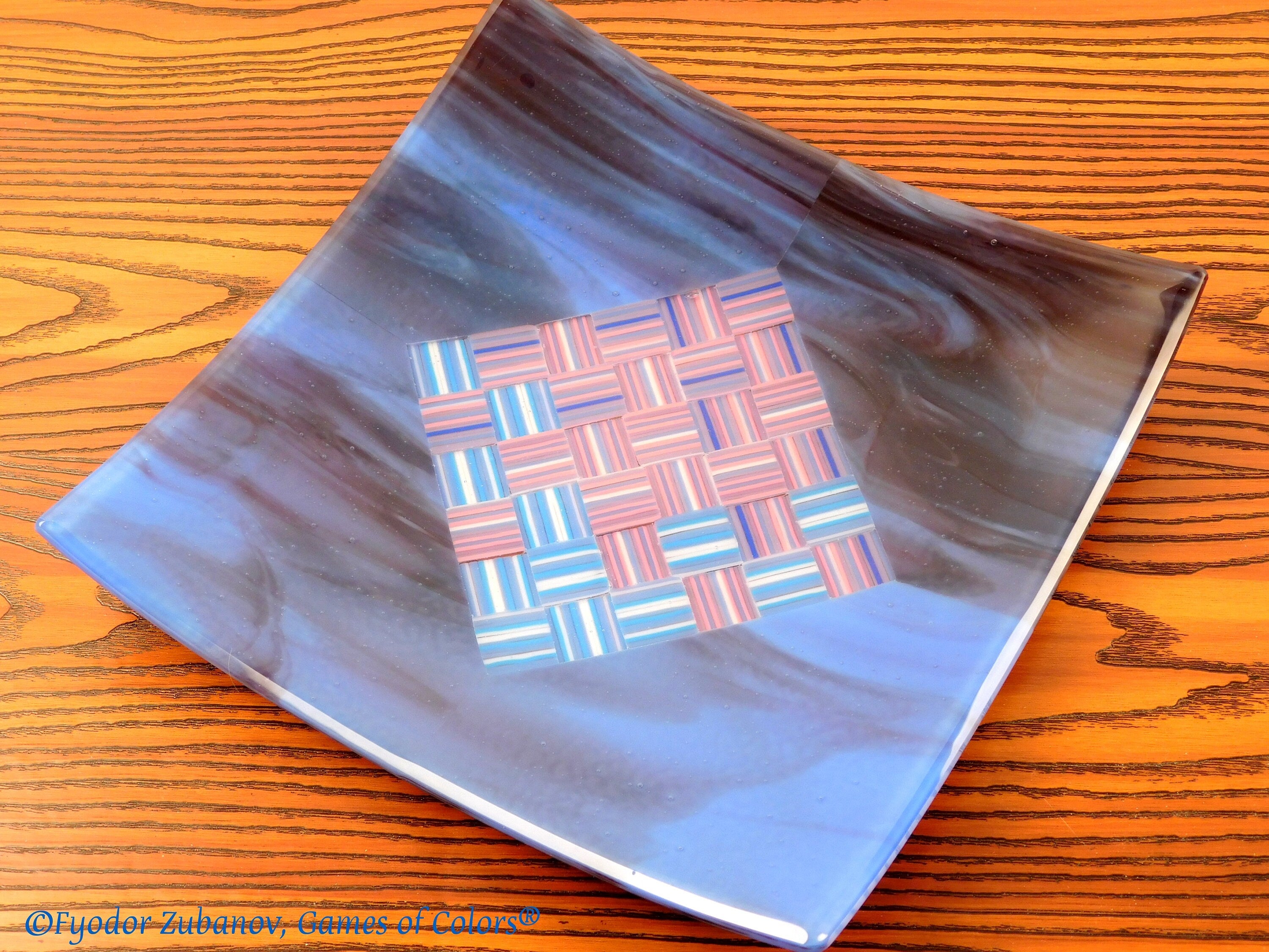 A decorative square plate "Woven ribbons in the diamond"; fused glass; geometrical design; art glass; centerpiece;